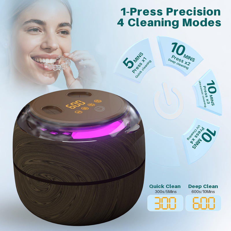 [Australia] - Voraiya Dental Ultrasonic Retainer Cleaner Machine, 45kHz Denture Cleaning Pod with 4 Modes Digital Timer for Aligner, Mouth Night Guard, Braces, Toothbrush, Jewelry, Ring Brown 