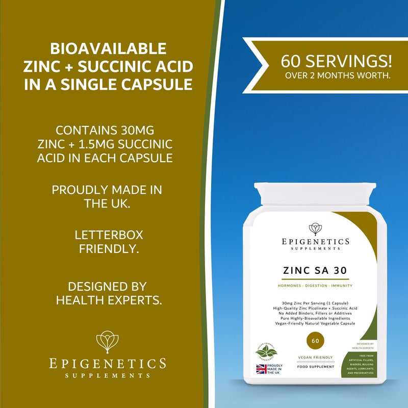 Zinc + Succinic Acid 30 | 30mg Zinc Bisglycinate with 1.5mg Succinic Acid Supplements | High Strength Mineral Supplement | 60 Vegan Friendly Capsules UK Made | 1 Capsule Daily | Long Two Month Supply