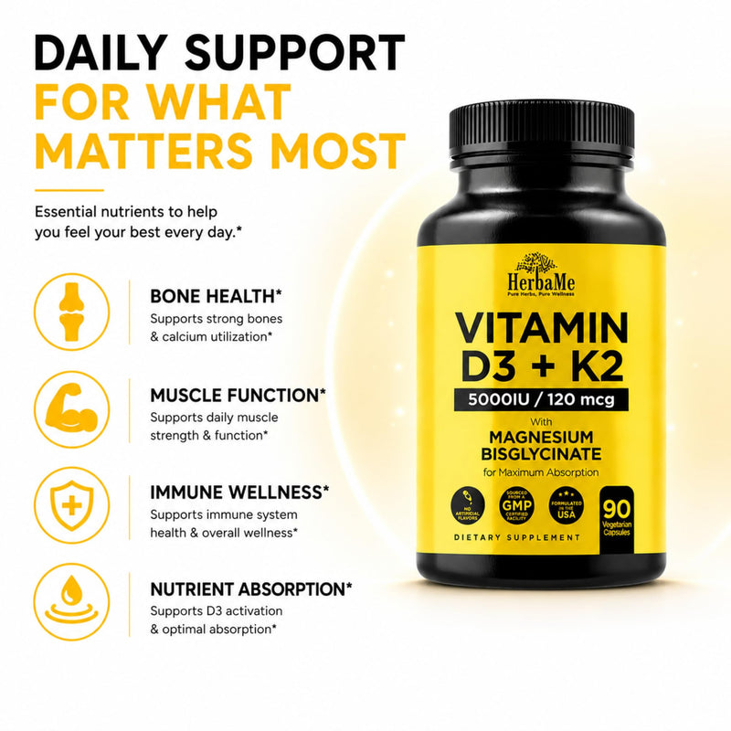 HerbaMe Vitamin D3 5000 IU + K2 with Magnesium Bisglycinate Formula | Complete D3 Activation & Calcium Absorption to Support Bone, Muscle & Immune Health, 90 Capsules