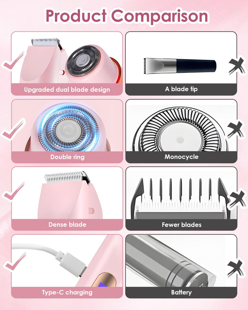 [Australia] - Bikini Trimmer for Women, 2-in-1 Women Electric Shaver, Type-C Rechargeable Pubic Hair Shaver Wet & Dry Waterproof, Dual Head Body Hair Remover for Sensitive Skin 