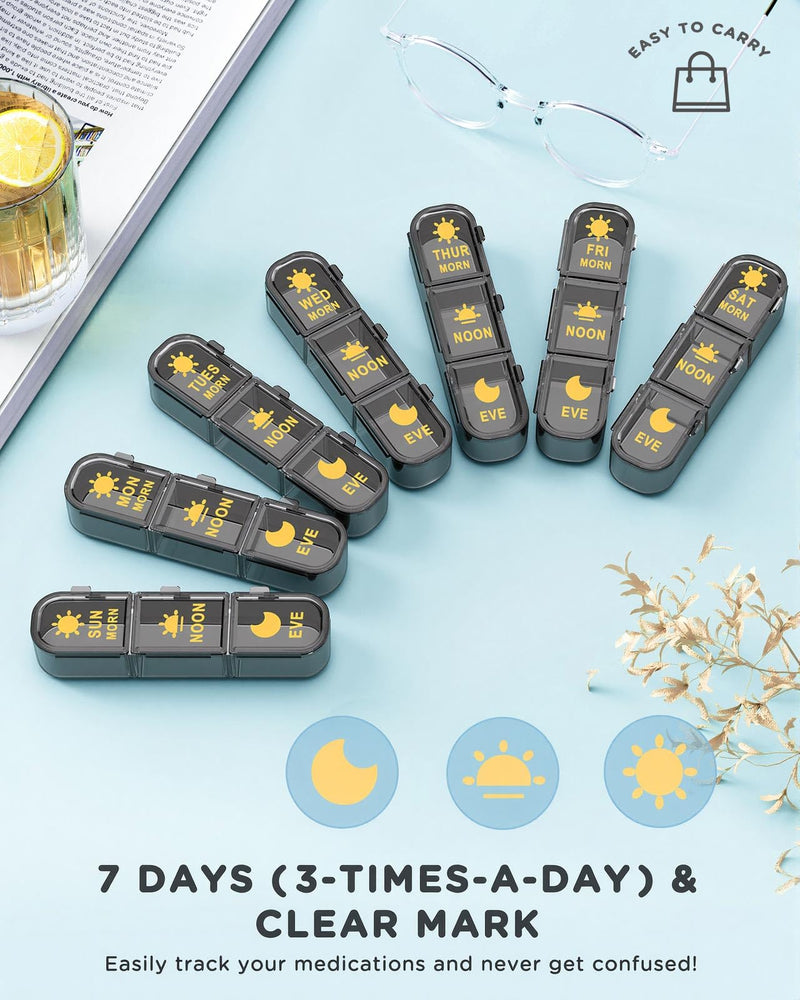 Acedada Pill Organizer 3 Times A Day, 7 Day Pill Box 21 Compartments, Black | Large Capacity, BPA-Free, Easy Open Medicine Case, 7 Removable Daily Box for Travel, Morning Noon Night, Dose Vitamin Tracker