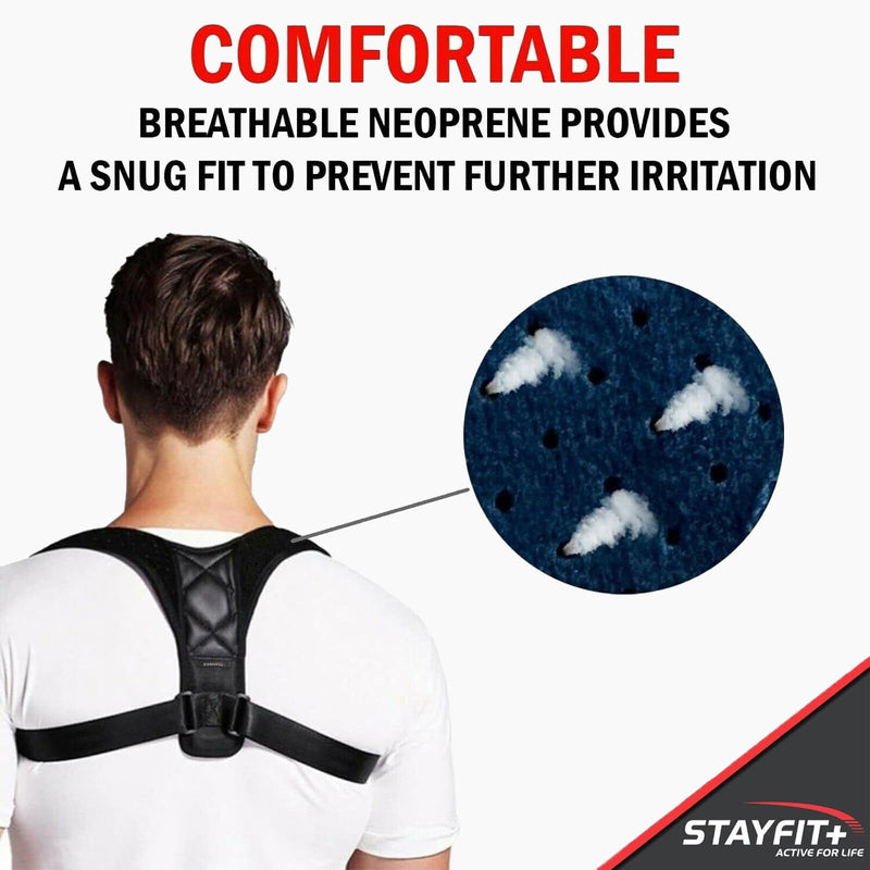Stayfit Posture Corrector Unisex Back Brace, Adjustable Upper Back Pain Relief Support, Spine Neck Straightener Strap Black