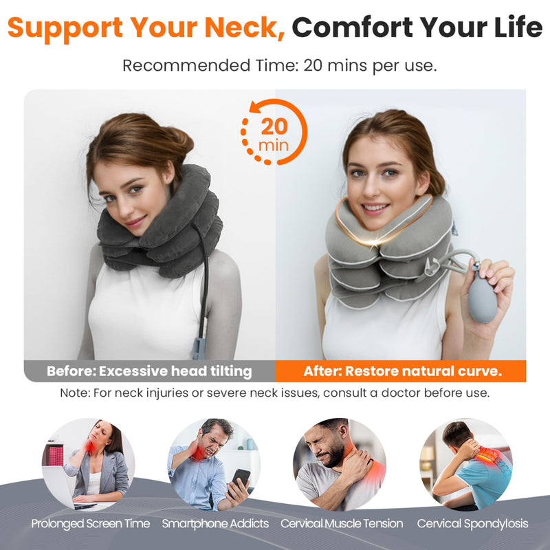 [Australia] - Neck Stretcher with Neck Brace,Cervical Traction Neck Device,Neck Relief Tool,Adjustable Inflatable Cervical Brace,Home Use Neck Decompression New Technology Breathable Fabric Washable(Gray) Gray 