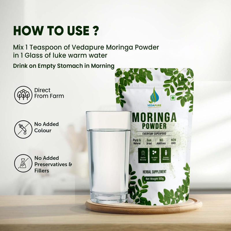 VEDAPURE Organic Moringa Oleifera Leaf Powder, 3.5 Ounce | Rich in Antioxidants, Immune Vitamin, India Grown, Vegan, Great for Moringa Tea & Drink