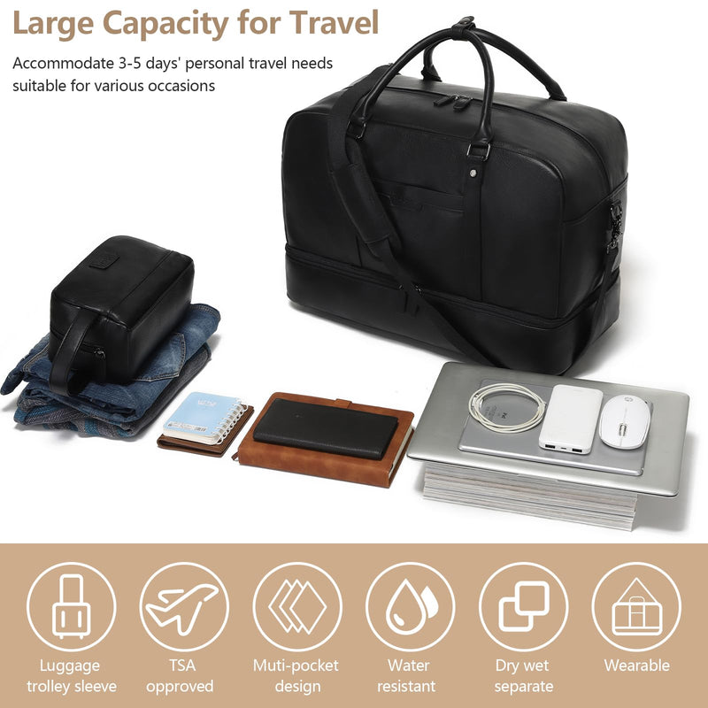 4-in-1 Leather Duffle Bag Weekender Bag for Women Men Large Overnight Bag | Hospital Gym Bag Carry On Personal Item Travel Duffel Bags with Shoe Compartment Toiletry Satchel Bag Fit 21" Laptop Black