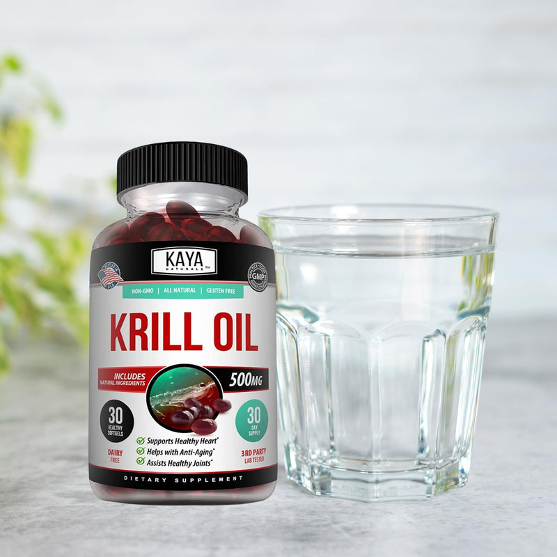 [Australia] - Kaya Naturals - Antarctic Krill Oil 500mg with Omega 3, EPA, DHA, Phospholipids & Astaxanthin Supplement - Brain & Health Vitamin - Anti Aging Supplement - 30 Count Softgels 30 Count (Pack of 1) 