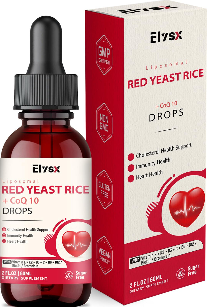 [Australia] - Liposomal Red Yeast Rice with Coq10 Liquid Drops, Red Rice Yeast for Cholesterol Health, Immune & Heart Support, with Biotin, Bromelain & Vitamins, 2 FL OZ 