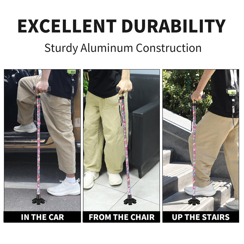 [Australia] - Walking Cane ATMTV Cane for Woman | Mobility & Daily Living Aids | 5-Level Height Adjustable Walking Stick | Comfortable Plastic T-Handle Portable Folding Cane with Replace Tip Purple Flower A-Cane Pink Printing 