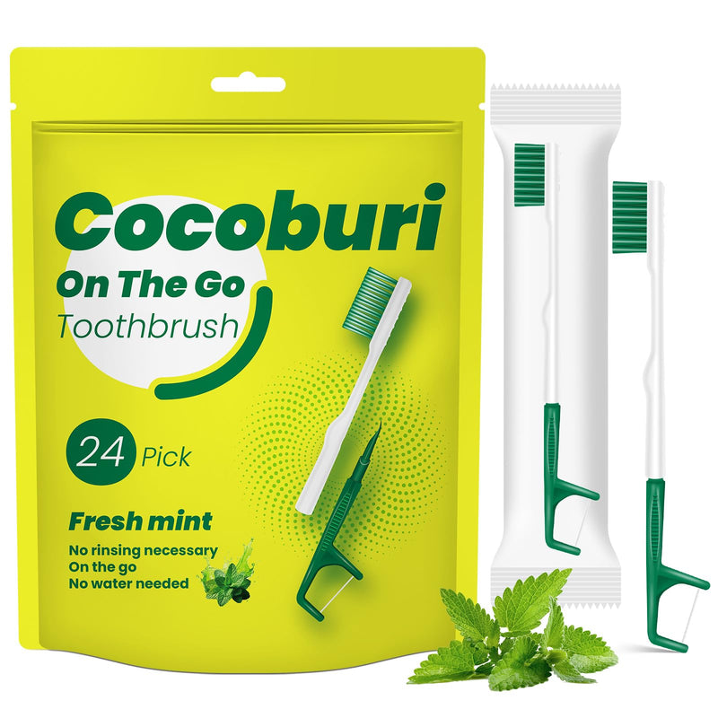 Disposable Mini Travel Toothbrushes，Prepasted On-The-Go Whitening,Individually Wrapped，Disposable，Prepasted Travel Toothbrushes- Peppermint Flavor -（24-Pack）
