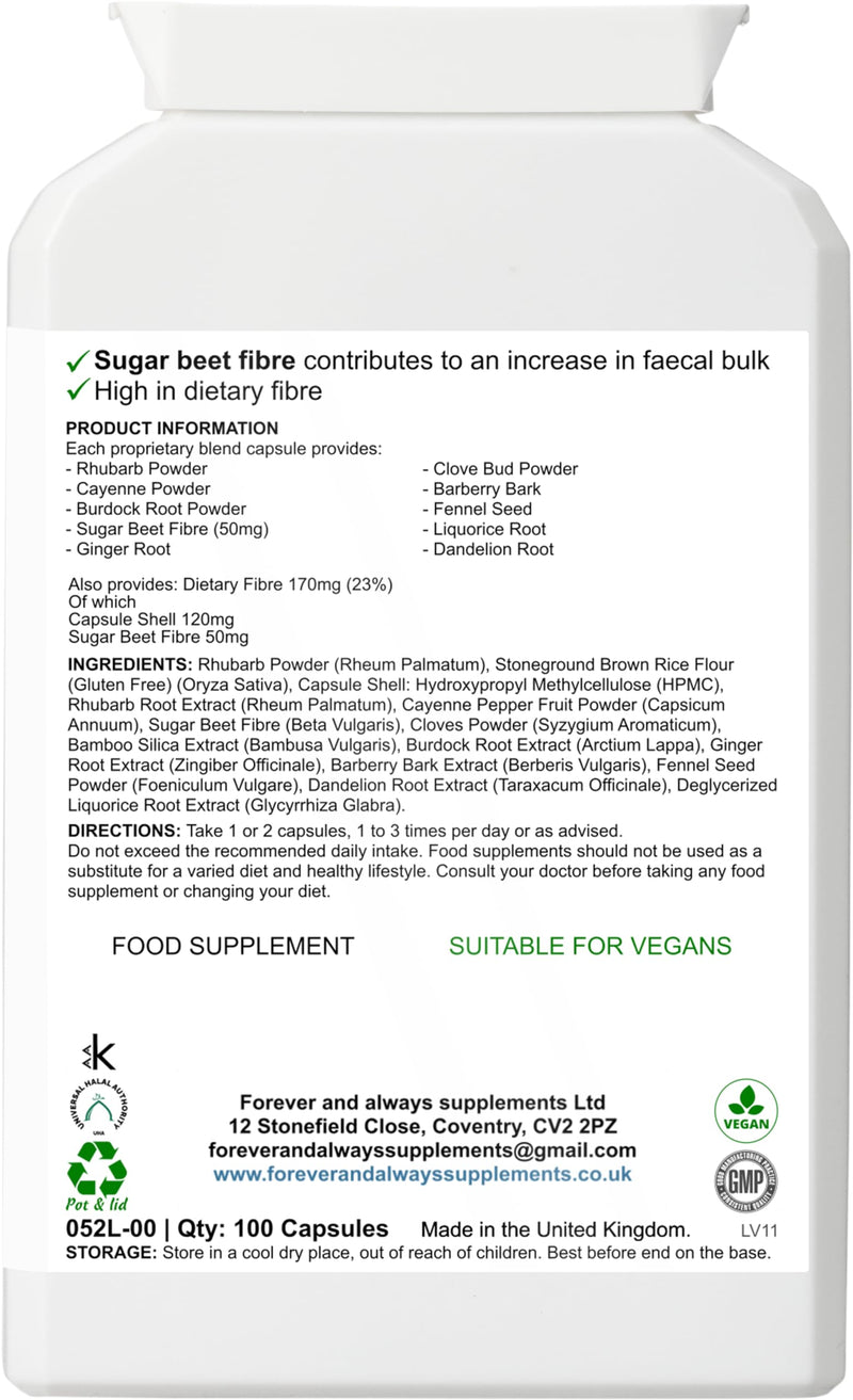 Happy Bowels Colon Cleanse & Detox Capsules, with Sugar Beet Fibre, Cayenne & Ginger, Digestive, Bowel, Intestinal Tract & Liver Support, Natural Laxative, Forever & Always Supplements