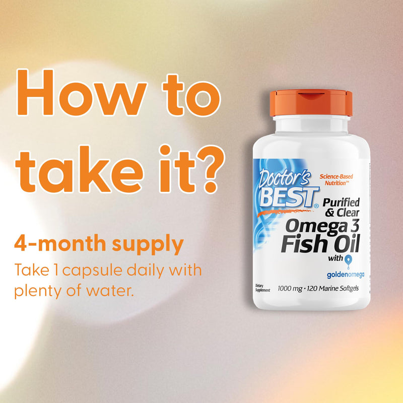 Doctor's Best, Purified & Clear Omega-3 Fish Oil, 1,000mg, with Omega-3 Fatty Acids DHA and EPA, 120 Capsules, Gluten-Free, SOYA-Free