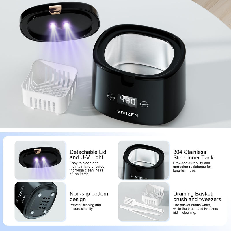 [Australia] - Ultrasonic Retainer Cleaner, Sonic Dental Cleaning Machine for Dentures, Aligners, Braces, Mouth Guards, Jewelry, for All Dental Appliances, Portable 30W/45kHz (Black) black 