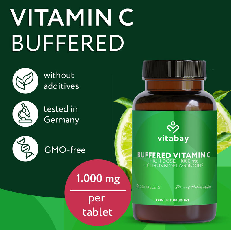 Vitabay Vitamin C 1000mg – 250 Vegan Time Release Tablets – Buffered Vitamin C with 50mg Citrus Flavonoids – from Plant Fermentation with Acacia Fibers – Laboratory Tested in Germany 365 g (Pack of 1)