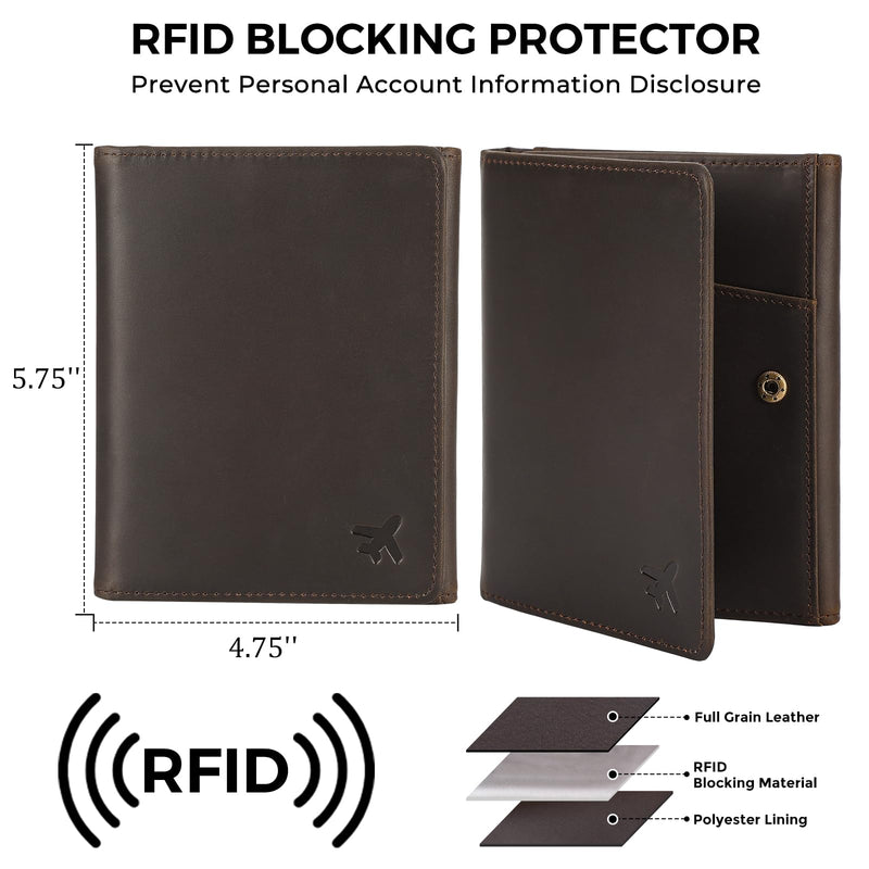 Polare Full Grain Leather Pilot Wallet Passport Holder RFID Blocking Trifold Wallet for Men Travel Cover Document Organizer for Aviation Professionals Dark Brown