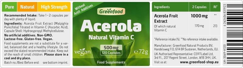 Greenfood Acerola, 500 mg, high-dose,120 capsules - ideal source of natural vitamin C (which contributes to maintaining the immune system, cell protection, bones and teeth). Vegetable capsules, vegan. 120 Capsules