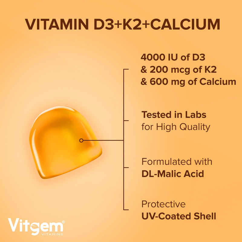 60 Gummies - Vitamin D3 4000 IU + K2 100 µg - Orange Flavored Gummy for Immune and Bone Health Support - High Strength Sunshine Vitamin D Supplement - Vegan, Gluten Free & Sugar Free 60 count (Pack of 1)