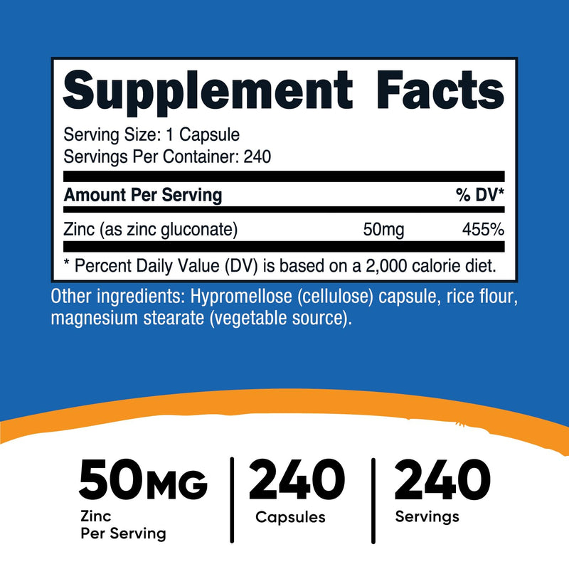 [Australia] - Nutricost Zinc Gluconate 240 Vegetarian Capsules (50mg) - Gluten Free and Non-GMO 240 Count (Pack of 1) 