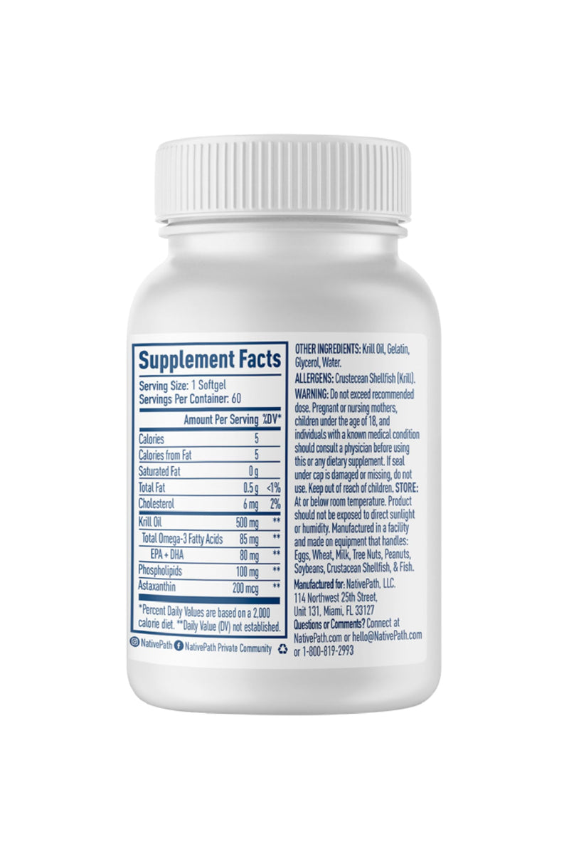 [Australia] - NativePath Antarctic Krill Oil - Wild-Caught Omega 3 Krill Oil 500mg Softgels with EPA, DHA and Astaxanthin - Omega 3 Supplement for Joint, Heart, Brain and Immunity - 60 ct - No Fishy Aftertaste 60 Count (Pack of 1) 