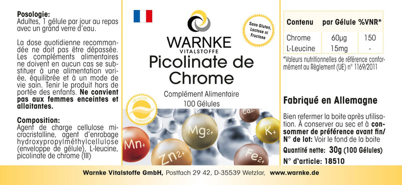 [Australia] - Chromium picolinate - with 60µg chromium per capsule - 100 capsules - essential trace element - vegan - Chromium Picolinate | Warnke vital substances - German pharmacy quality 
