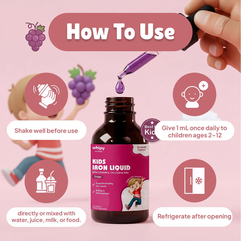 Kids Iron Supplement Liquid Drops for Children Ages 2 to 12, Iron Bisglycinate with Vitamin C, Calcium and Zinc, Liquid Iron for Kids Gentle on Stomach, Grape Flavor, 1fl oz