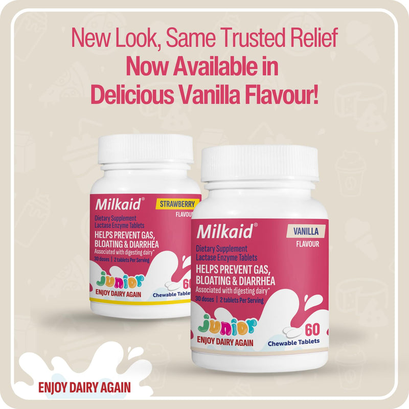 [Australia] - Milkaid Junior Lactase Enzyme Chewable Tablets for Lactose Intolerance | Prevents Gas, Bloating, Diarrhea in Children| Fast Acting Dairy Digestive Supplement for Kids| 60 ct (60 Tablets, Vanilla) 60 Count (Pack of 1) 