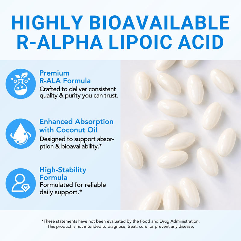 R-Alpha Lipoic Acid Softgels with Coconut Oil, 600mg Per Serving, Oil-Based Formula, Non-GMO, Gluten & Dairy Free, Lab Tested Food Supplement,120 Softgels