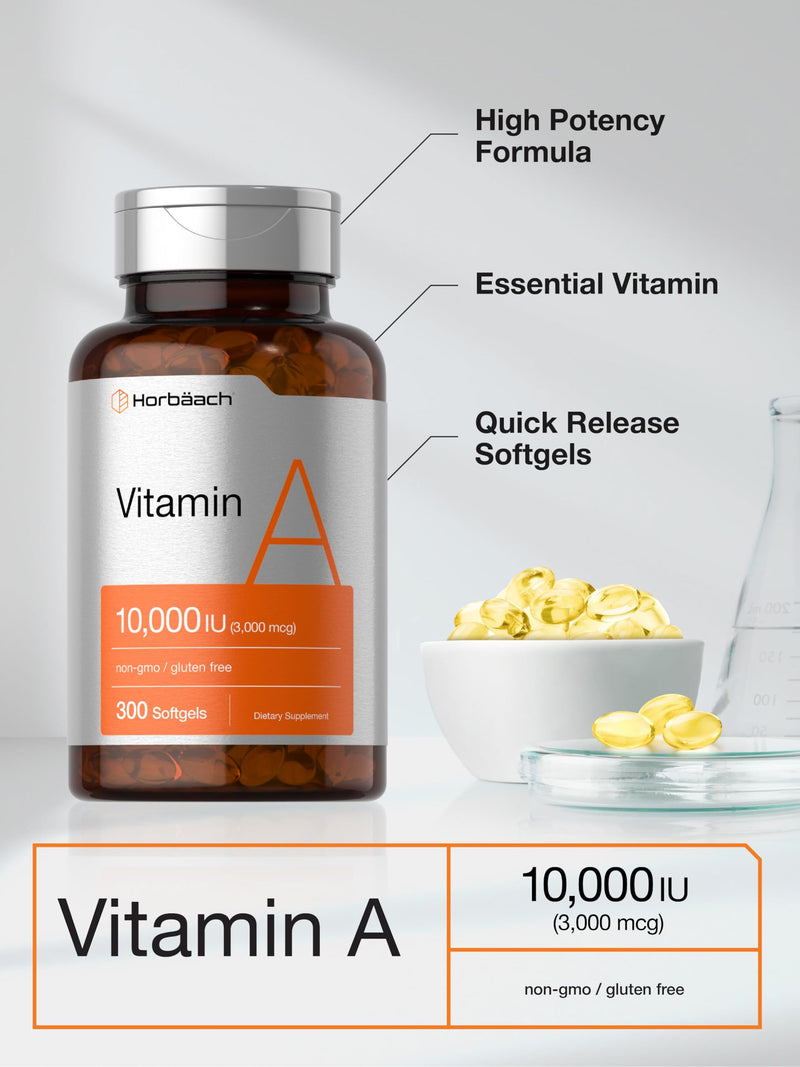 Horbäach Vitamin A 10000 IU Softgels | 300 Count | Non-GMO, Gluten Free Supplement