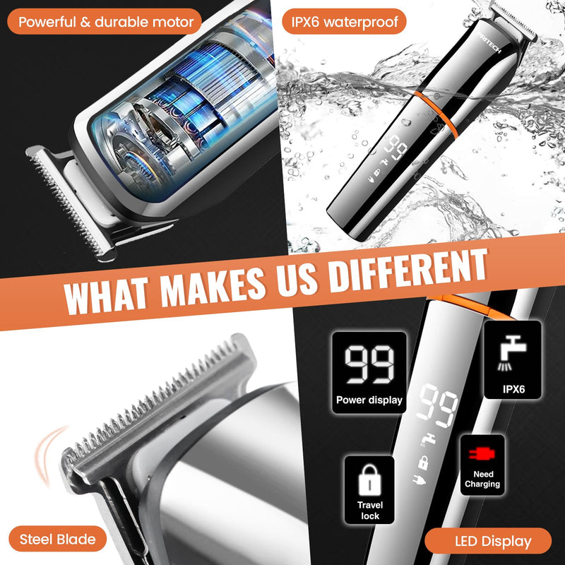 [Australia] - PRITECH Beard Trimmer for Men,6 in 1 Hair Clippers Kit, Precision Cordless Grooming Kit Waterproof IPX6 for Beard, Hair, Body, Nose, Ear, with Foil Razor (Silver) Silver 