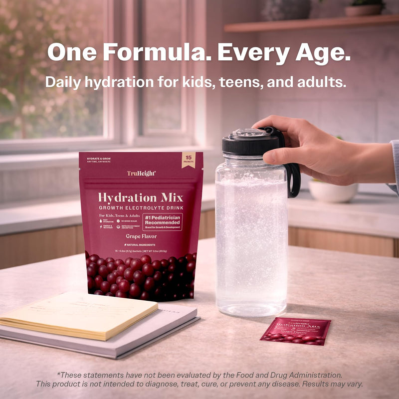 TruHeight Hydration Packets (Grape) Kids, Teens & Adults Fast Hydration, Energy & Recovery - Dehydration Relief Electrolytes Powder Packets for Athletes - Sugar Free, Zero Calorie, Non-GMO, Vegan