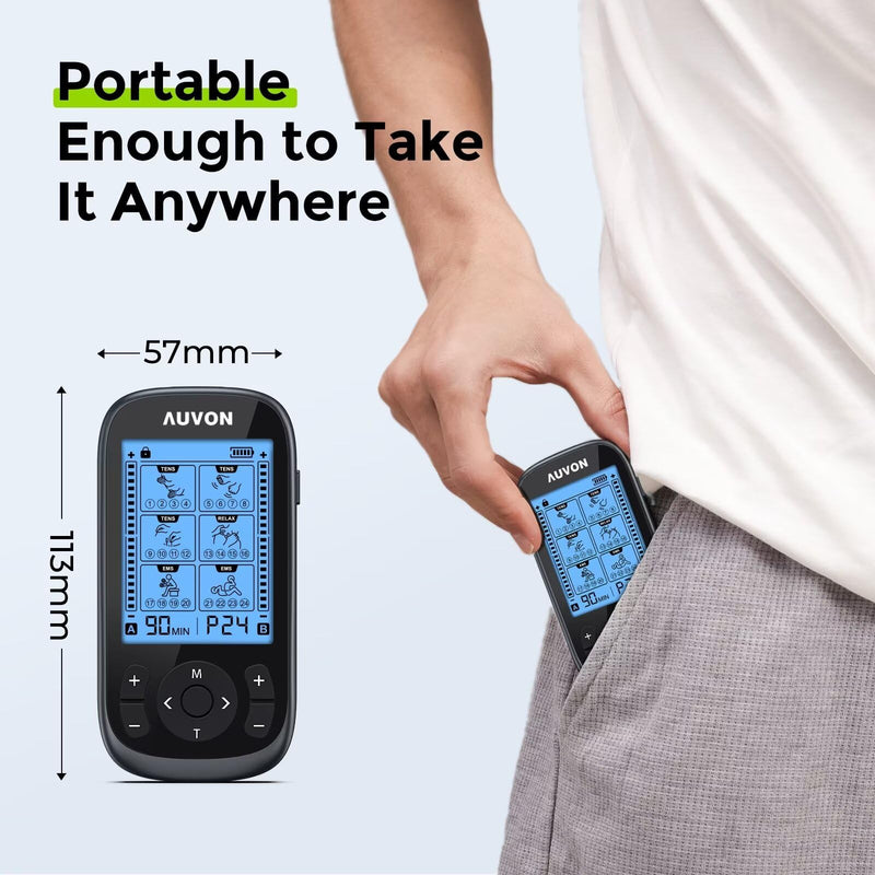 AUVON 3-in-1 TENS Unit Muscle Stimulator, 40 Levels for Gradual Pain Relief | EMS Massage Machine, Drug-Free for Shoulder, Sciatica, Back Pain Relief, 24 Modes Electronic Pulse Massager, 12 TENS Pads A Dark Grey