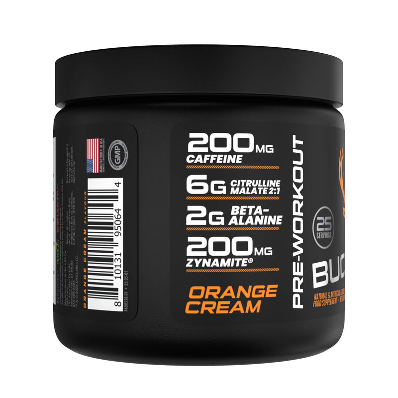 Bucked Up Pre-Training Powder | Performance Supplement with Beta-Alanine, Citrulline Malate & Caffeine | Sugar Free | Orange Cream Flavour| 25 Servings
