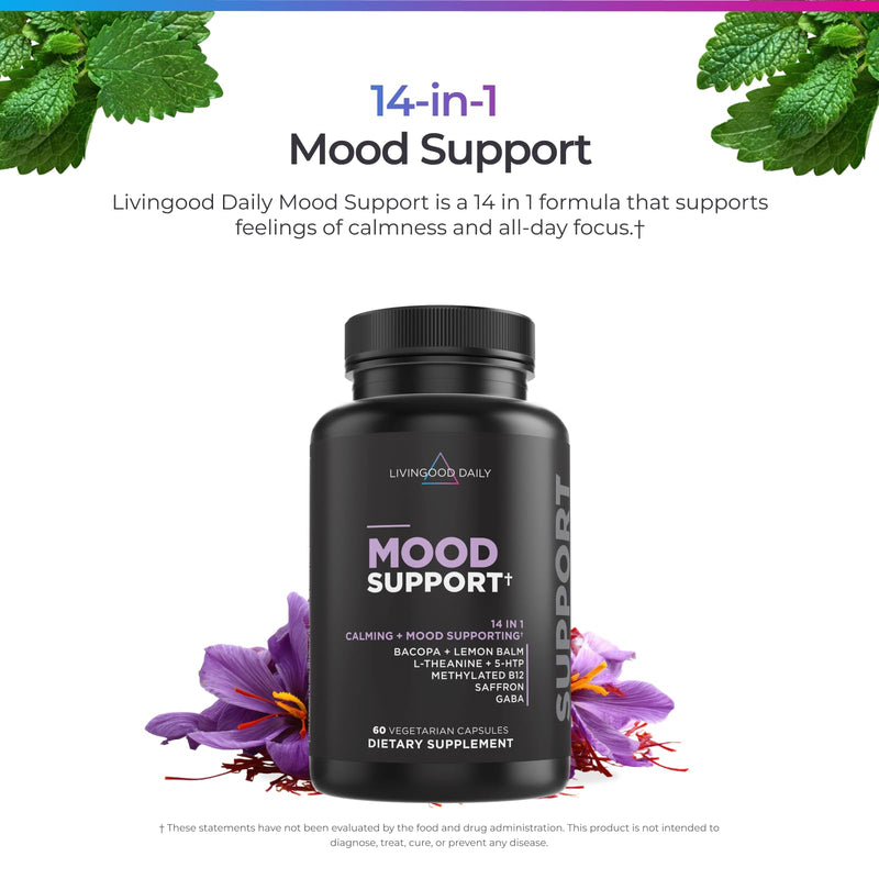 Livingood Daily 14-in-1 Mood Support Supplement, 60 Capsules | Calming, Focus & Emotional Wellness, L Theanine, Lemon Balm, GABA, Saffron, 5-HTP, Vitamin B12, Non GMO, Vegan, Made in USA