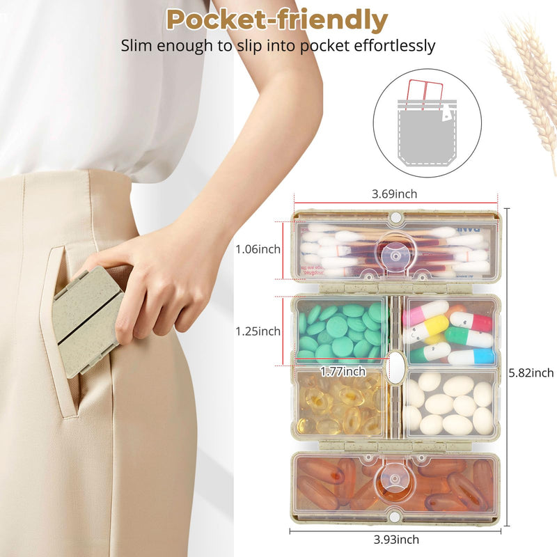 Zentiky Pill Organizer with Blank Labels,6 Compartment Small Pill Box-Khaki | Travel Organizer, Fit with Your Purse or Pocket to Hold Vitamin, Fish Oil, Supplement,Cotton Swabs, Bandages Khaki S