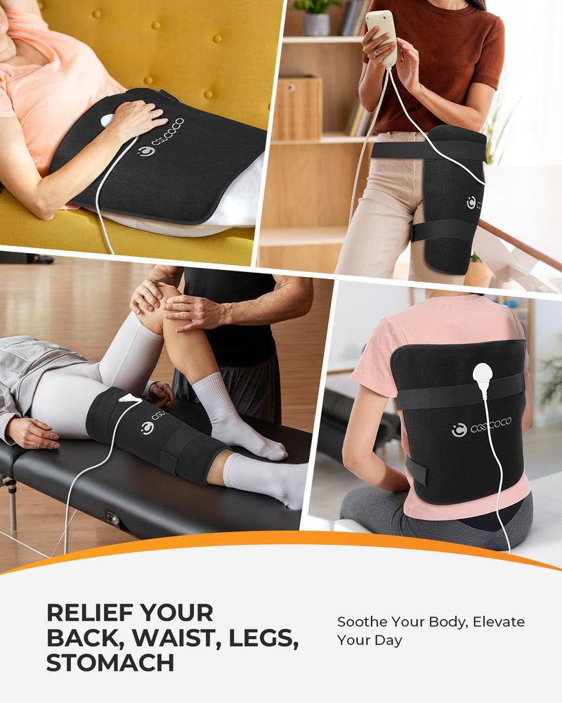 CooCoCo FSA Eligible HSA Hip Heating Pad for Hip and Sciatica Pain Relief | Heated hip brace, 6 heat levels, 4 timers, adjustable wearable fit, soft plush lining for hip, thigh, buttock and lower back 19"x16" Black