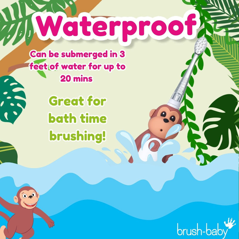 [Australia] - brush-baby WildOnes™ Rechargeable Kids Electric Toothbrush – Monkey | Flashing Lights, 2-Min Timer, Waterproof, 3 Brush Heads | Toddler & Child Toothbrush Ages 0-10 | Soft Bristles 