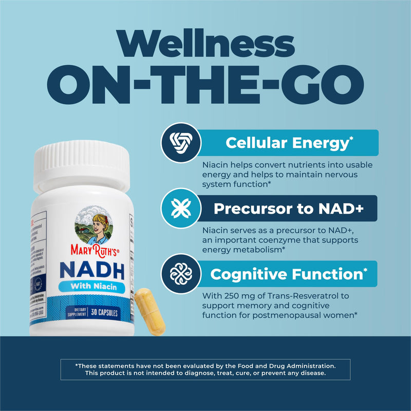 MaryRuth's NADH Capsules, Niacin, NAD+ Precursor, 30 Servings, CoQ10, Vegan | Trans-Resveratrol, Cellular Energy, Non-GMO, Gluten Free