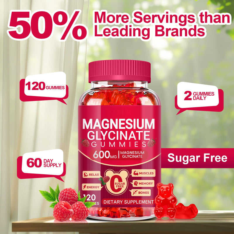 Magnesium Glycinate Gummies 600mg, Sugar Free Magnesium Gummies for Adults | High Absorption Magnesium Supplement, Chewable Potassium Supplements for Body Support, Zzz and Relaxation, 120 Count Raspberry 120 Count (Pack of 1)