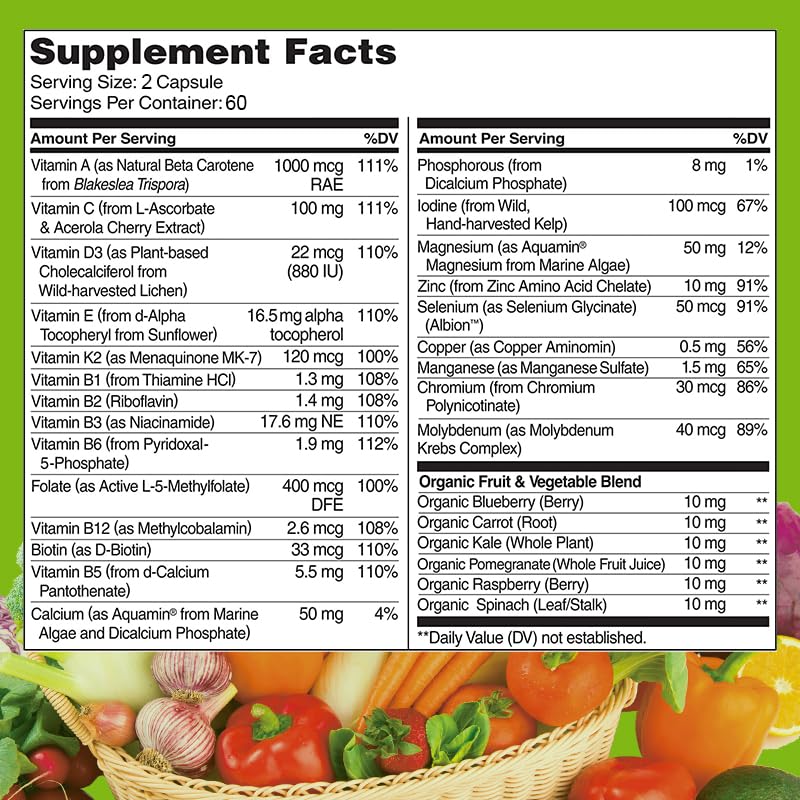 All Natural Multivitamins & Minerals + B Complex + Calcium + Magnesium + Zinc, 100% Vegan Sourced Whole Food Supplement, Complete Nutritional Support for Men & Women, 2 Month Supply, 120 Softgels