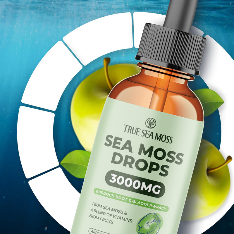 TrueSeaMoss Sea Moss Liquid Drops – Apple, 30 Servings | Irish sea moss liquid drops with black cumin seed oil, bladderwrack, burdock root, vitamin C & zinc. Apple flavor