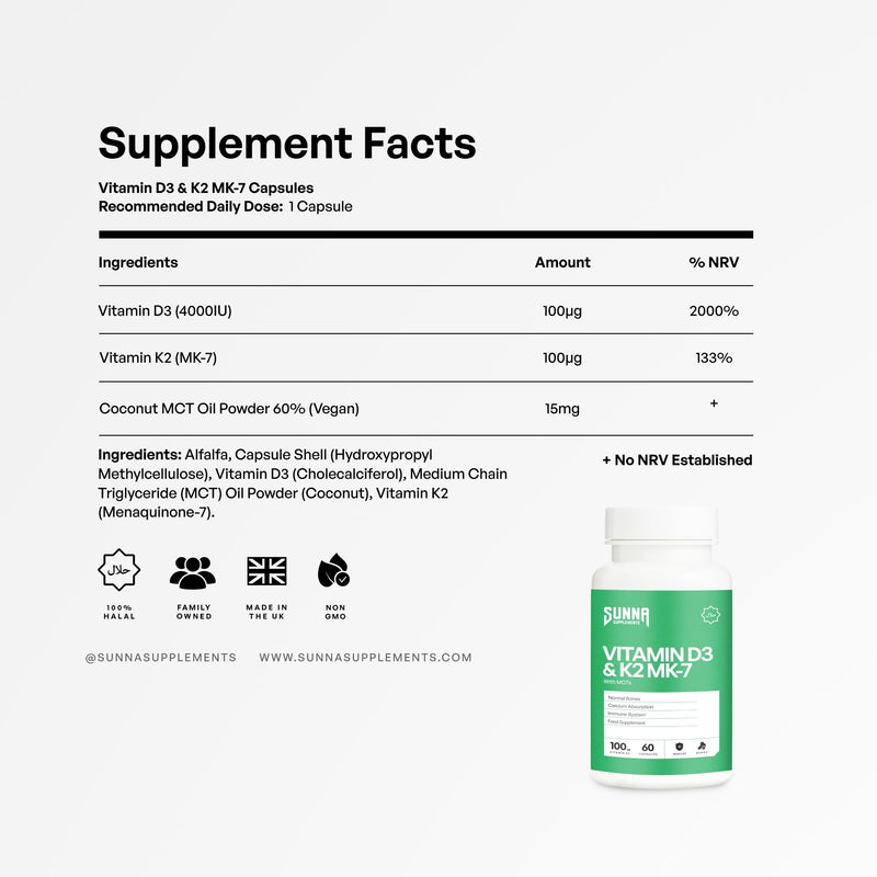 SUNNA SUPPLEMENTS High Strength Vitamin D3 & K2 Capsules with MCT Oil - 4000 IU D3 + 100 µg K2 MK‑7 - Gluten Free and Vegan Vitamin D3 and K2 Capsules for Adults - Bone & Immune Support - 60 Capsules