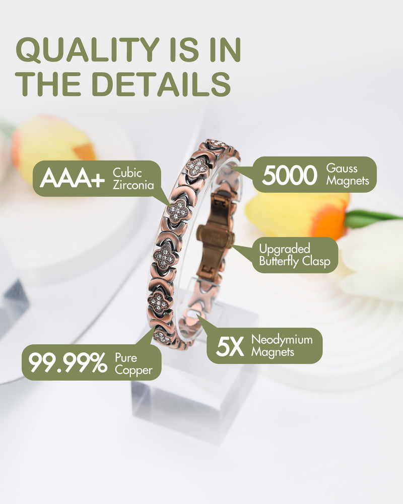 [Australia] - Feraco Pure Copper Bracelets for Women, 5X Ultra Strength Magnetic Bracelet with 5000 Gauss Neodymium Magnets & Upgraded Butterfly Clasp, Adjustable Jewelry Gift Copper Clover 