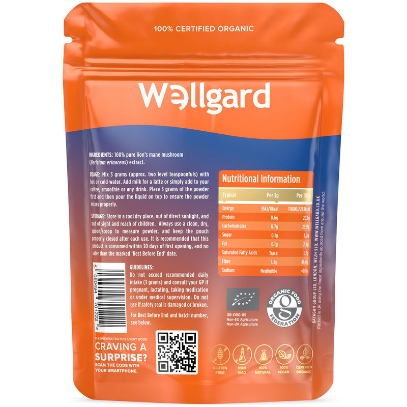 Wellgard Organic Lion's Mane Mushroom Powder 90 Grams - Mushroom Supplement, Dual Extract, Easy to Use, Certified Organic 90 g (Pack of 1)