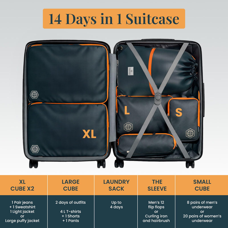 TRIPPED Travel Gear Extra Large Compression Packing Cubes 6-Piece Set Grey/Orange