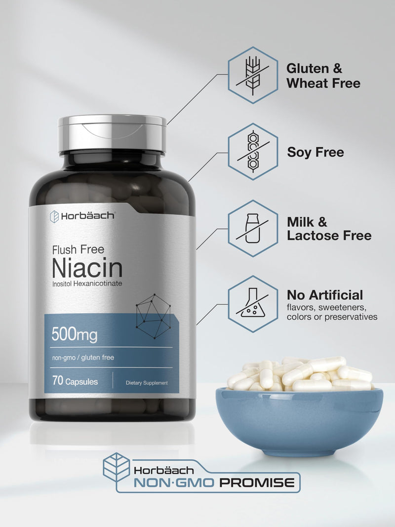 Horbaach Niacin 500mg Flush Free | 70 Capsules | Inositol Hexanicotinate | Vitamin B3 | Non-GMO & Gluten Free