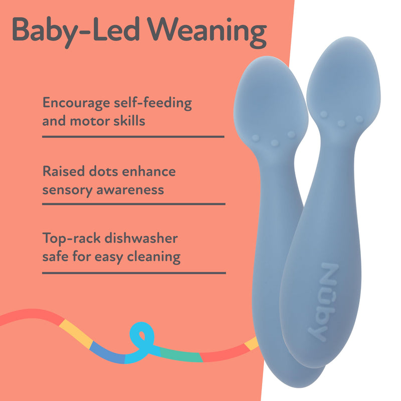 [Australia] - Nuby Silicone Mini Spoons - (2-Pack) Baby-Led Weaning Spoons for Babies - 4+ Months - Blue 