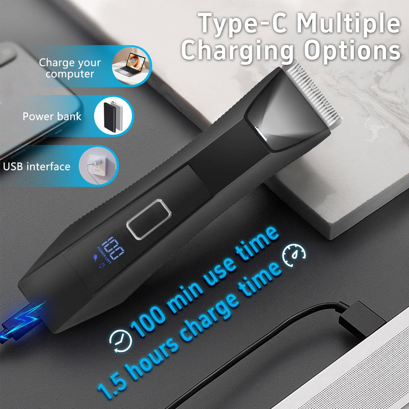 [Australia] - Body Trimmer for Men, Groin & Body Hair Trimmer, Ball Foil Shaver, Nose Hair Clippers, 3 in 1 Men's Waterproof Wet/Dry Groomer with Travel Case &Travel Lock, LED Display, Black 