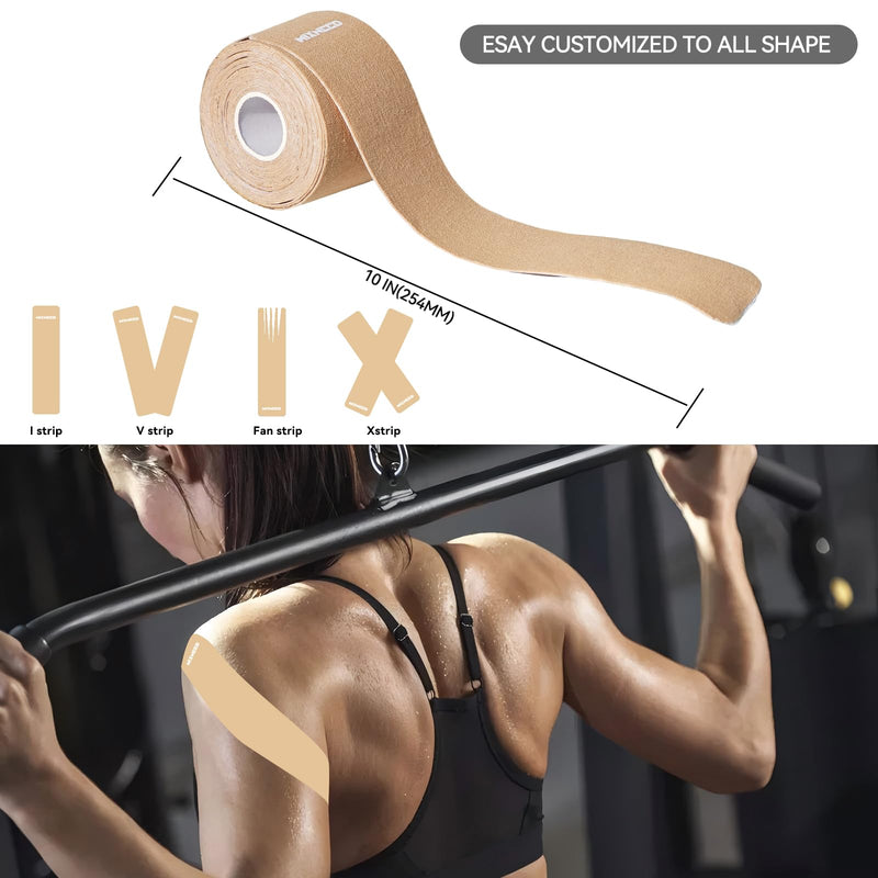 Precut Kinesiology Tape - 60 Strips (3 Rolls) | Waterproof Kinesiology Tape for Muscle & Joint Support, Athletic Knees, Shoulders, Back Pain Relief | Sport Tape for Weightlifting, Running 3 ROLL Beige