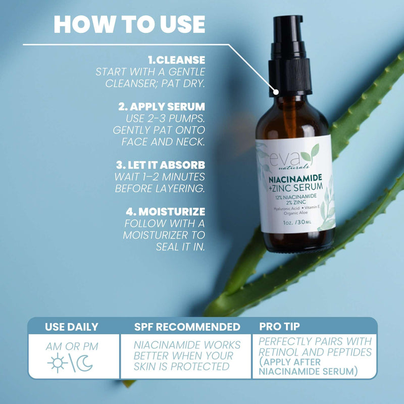 Eva Naturals Niacinamide Serum, Zinc PCA, Hyaluronic Acid, Dark Spot, 1 oz | Pore minimizer, redness relief, skin tone & texture support, lightweight Fresh 1 Fl Oz (Pack of 1)