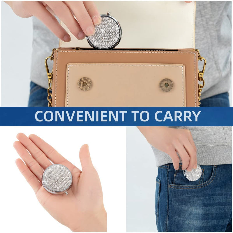 Medicine Organizer Box Pocket Pharmacy Bling Travel Pill Case Box for Purse Mini Pill Holder Organizer Small Pill Container for Vitamin(Silver) Silver