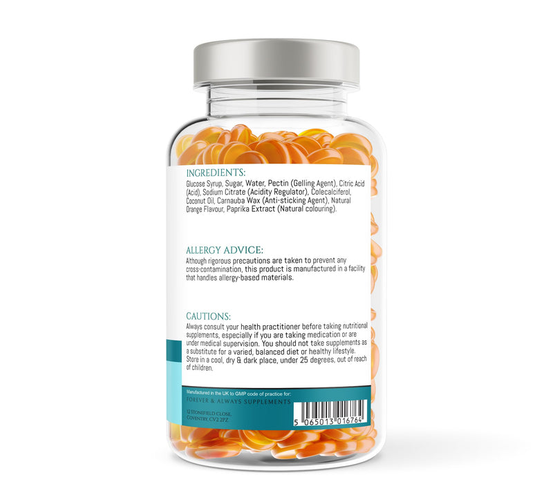 Vitamin D3 4000iu Gummies - High Strength 100μg Gummy - 60 Orange Flavoured Gummies - Vitamin D Supplement Teeth, Bone, Muscles & Immune System Support